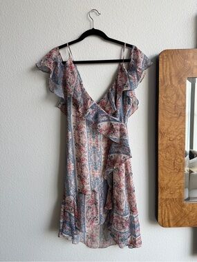 INTERMIX Light Blue and Pink Floral Ruffle Wrap Mini Dress